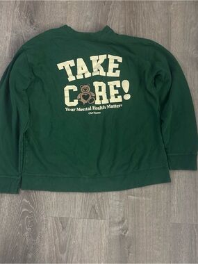 Forest Green 'Take Care' Crewneck Sweatshirt with Mental Health Graphic